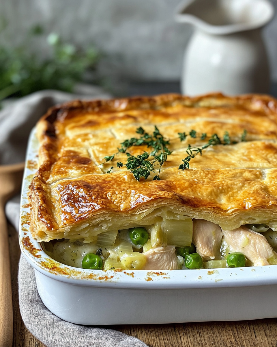 Golden puff pastry chicken and leek pie freshly baked