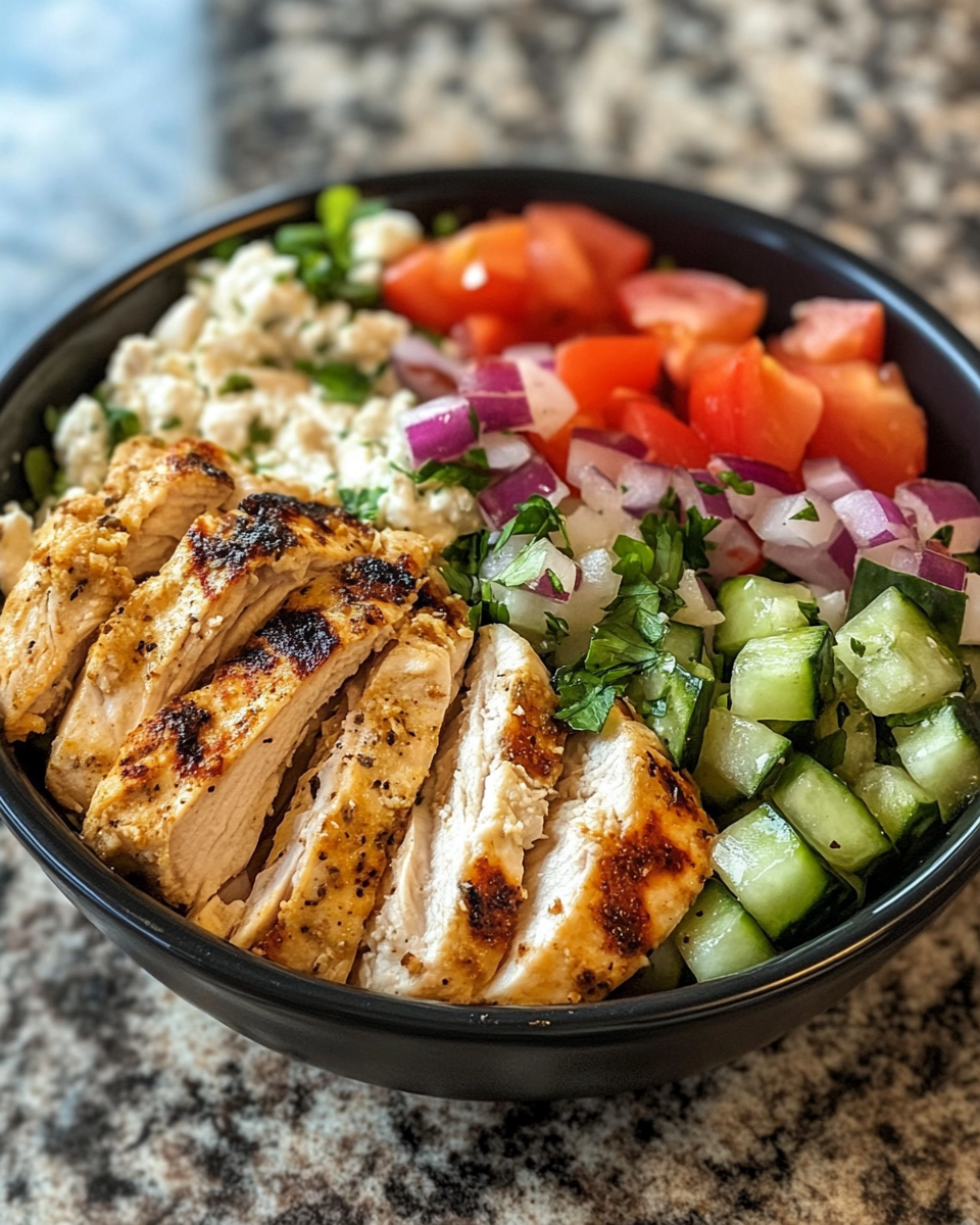 Close up of Mediterranean chicken bowl ingredients