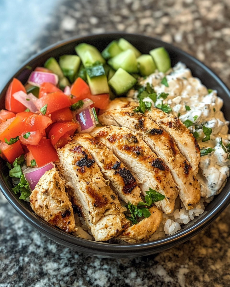 Mediterranean chicken bowl served with fresh toppings