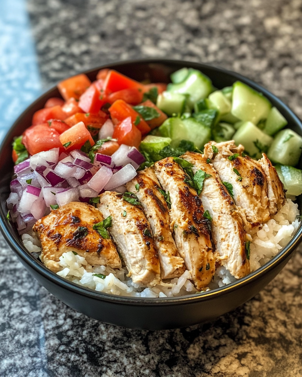 Mediterranean chicken bowl with quinoa and fresh vegetables