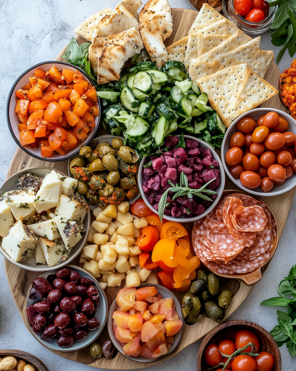 Assembled Mediterranean mezze platter with fresh ingredients