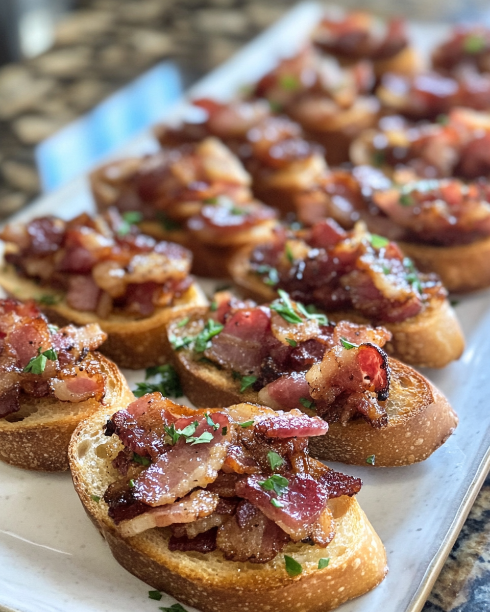 Step by step bacon crostini preparation with cheese spread and toppings