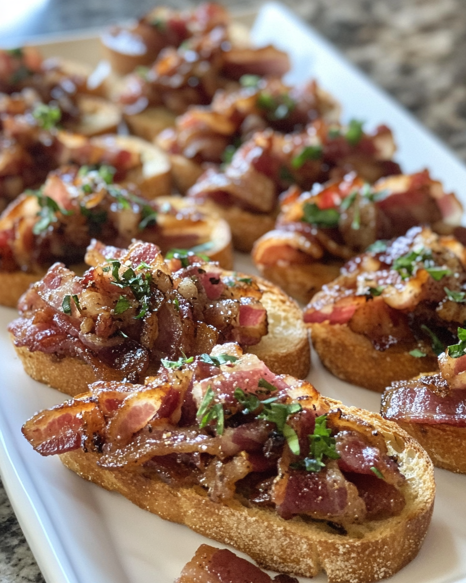 Million dollar bacon crostini with a golden crust and bacon topping