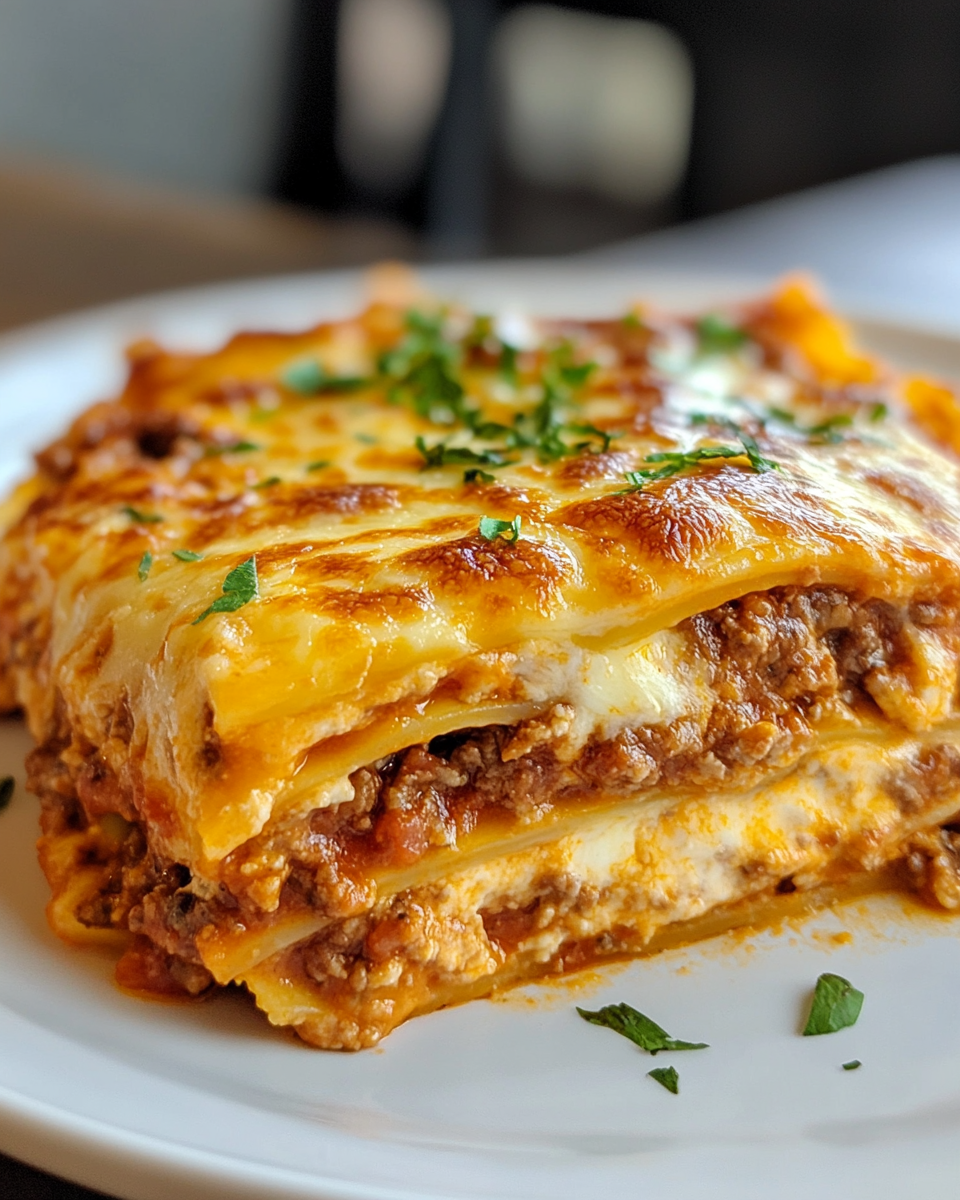 Sliced lasagna ready to serve on a plate