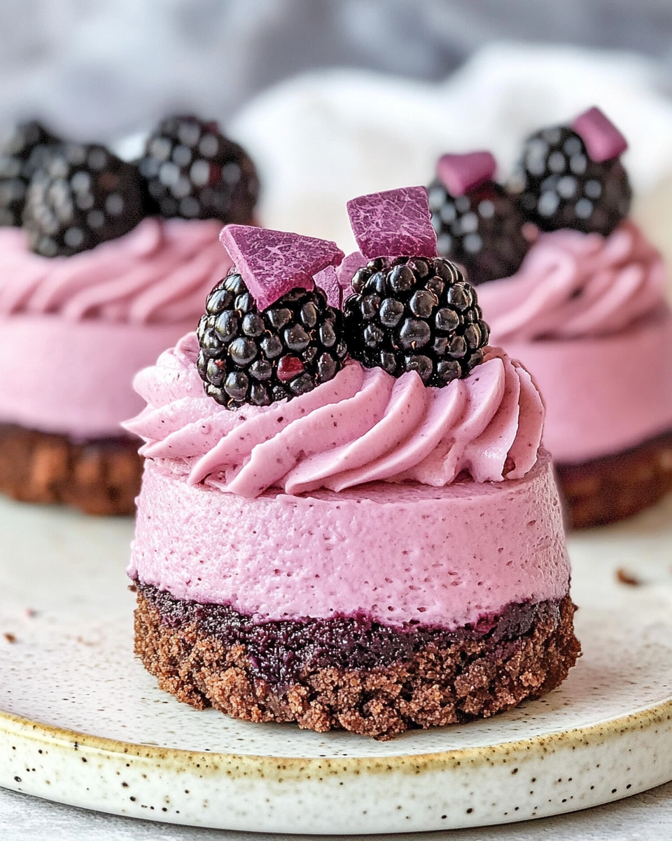 Finished blueberry mousse mini cakes glazed and ready to eat