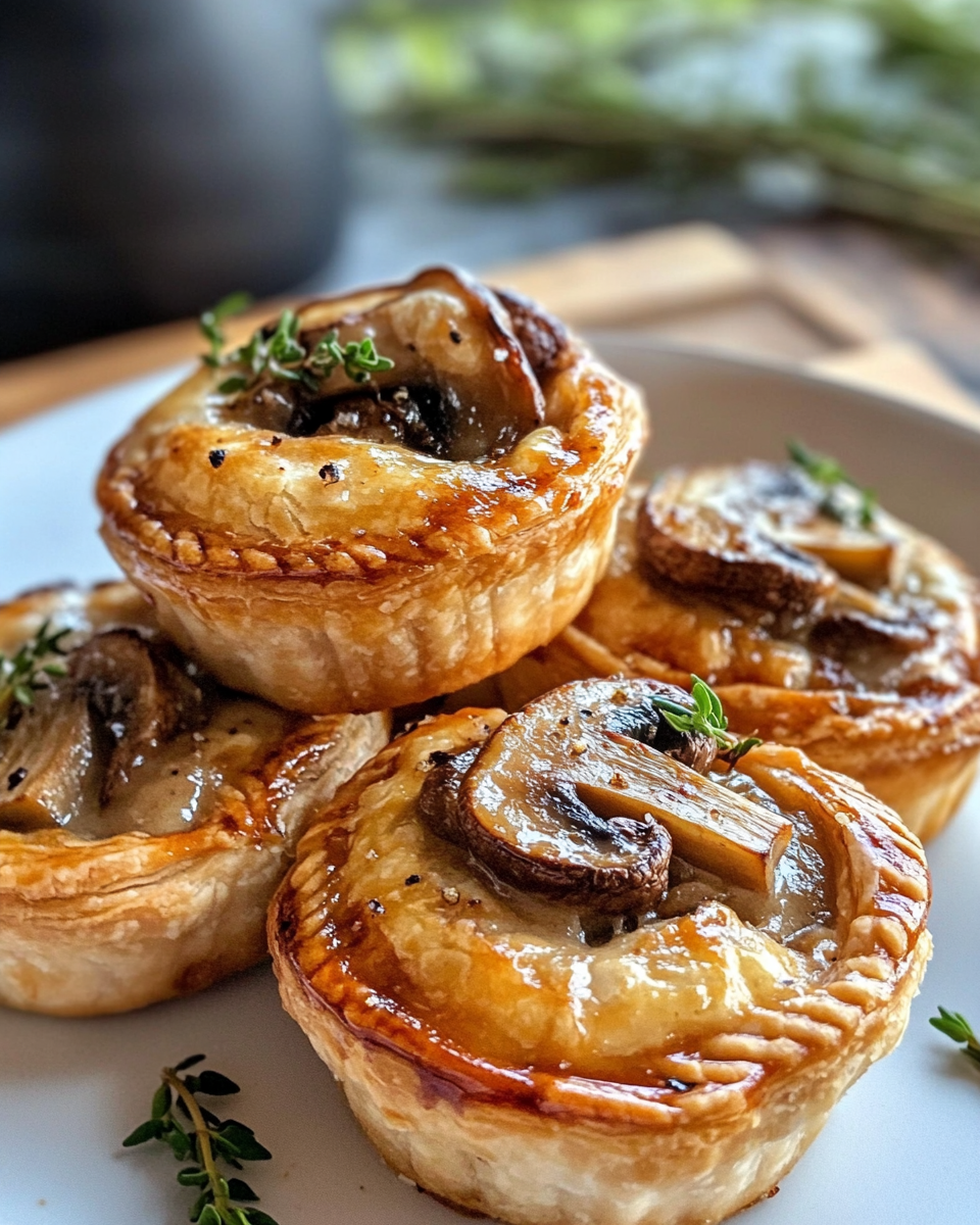 Assembly of mushroom and GruyE8 pot pies with puff pastry topping