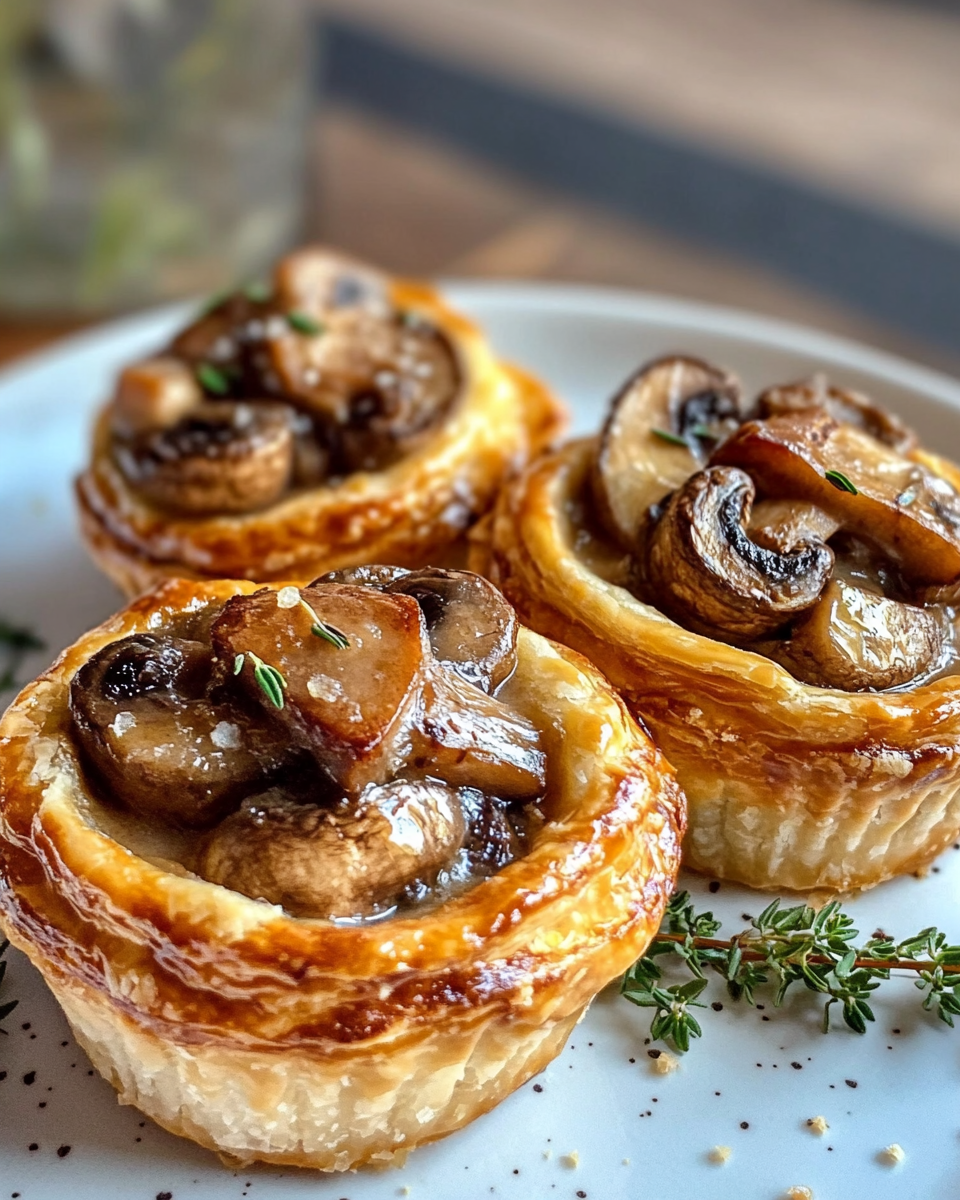 Freshly baked mushroom and GruyE8 pot pies with golden puff pastry