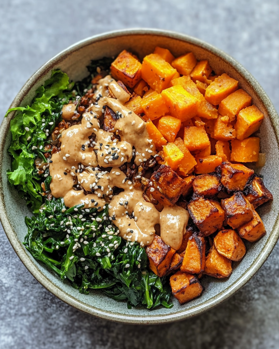 Miso dressing drizzled over sweet potatoes and broccoli in bowl