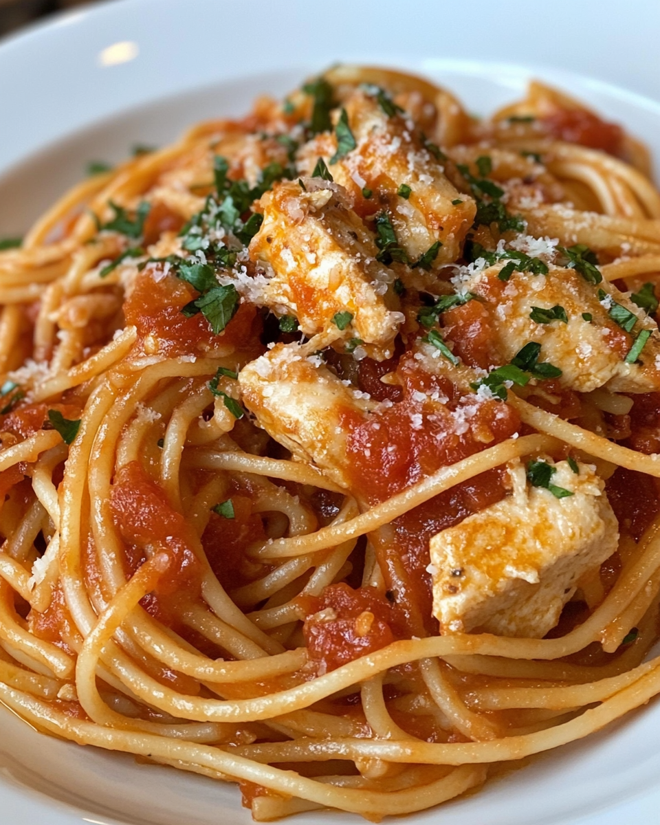 Serving of golden baked Monterey Chicken Spaghetti with crispy onion topping