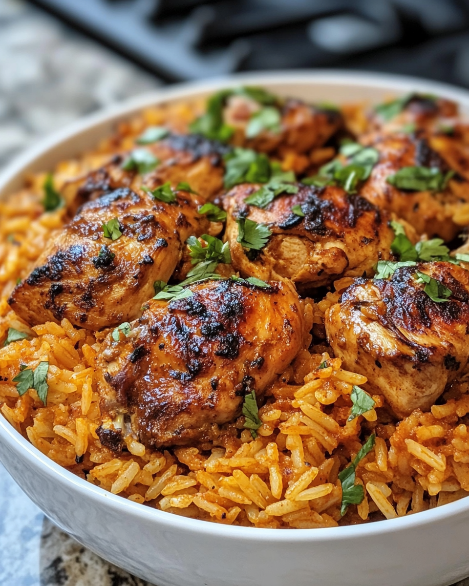 Finished plate of Moroccan chicken rice garnished with cilantro