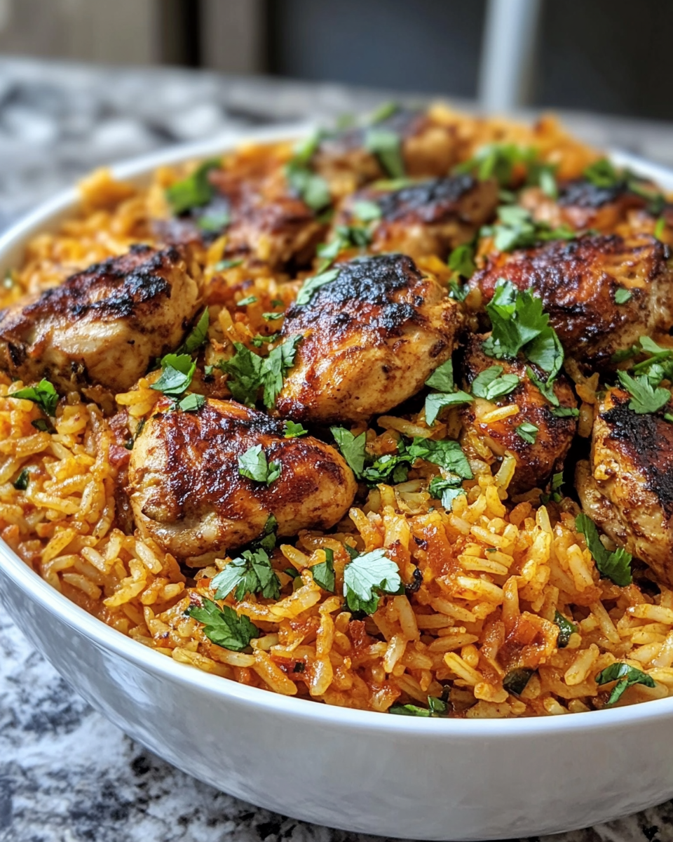 Pot of Moroccan chicken rice cooking