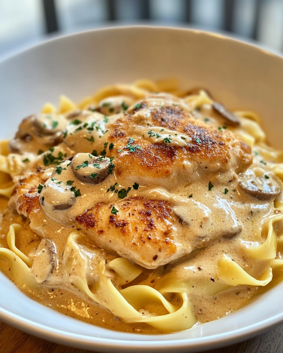 Served chicken stroganoff with garnish