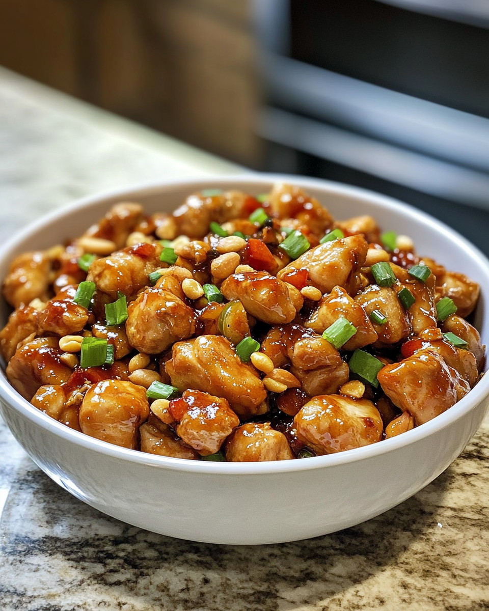Tender and flavorful Kung Pao chicken with crunchy peanuts and bell peppers