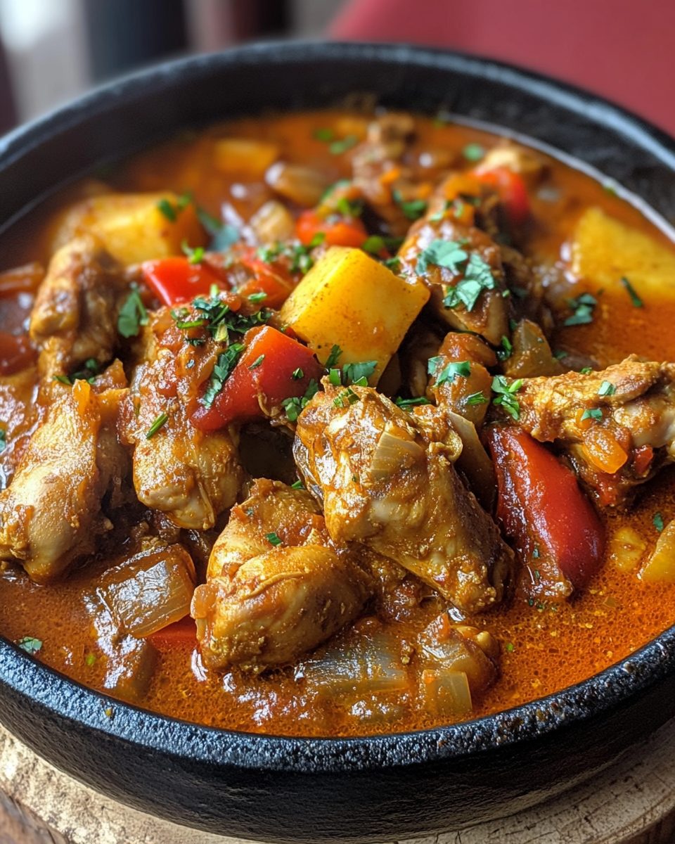 Nigerian chicken stew ready to serve with rice and plantains