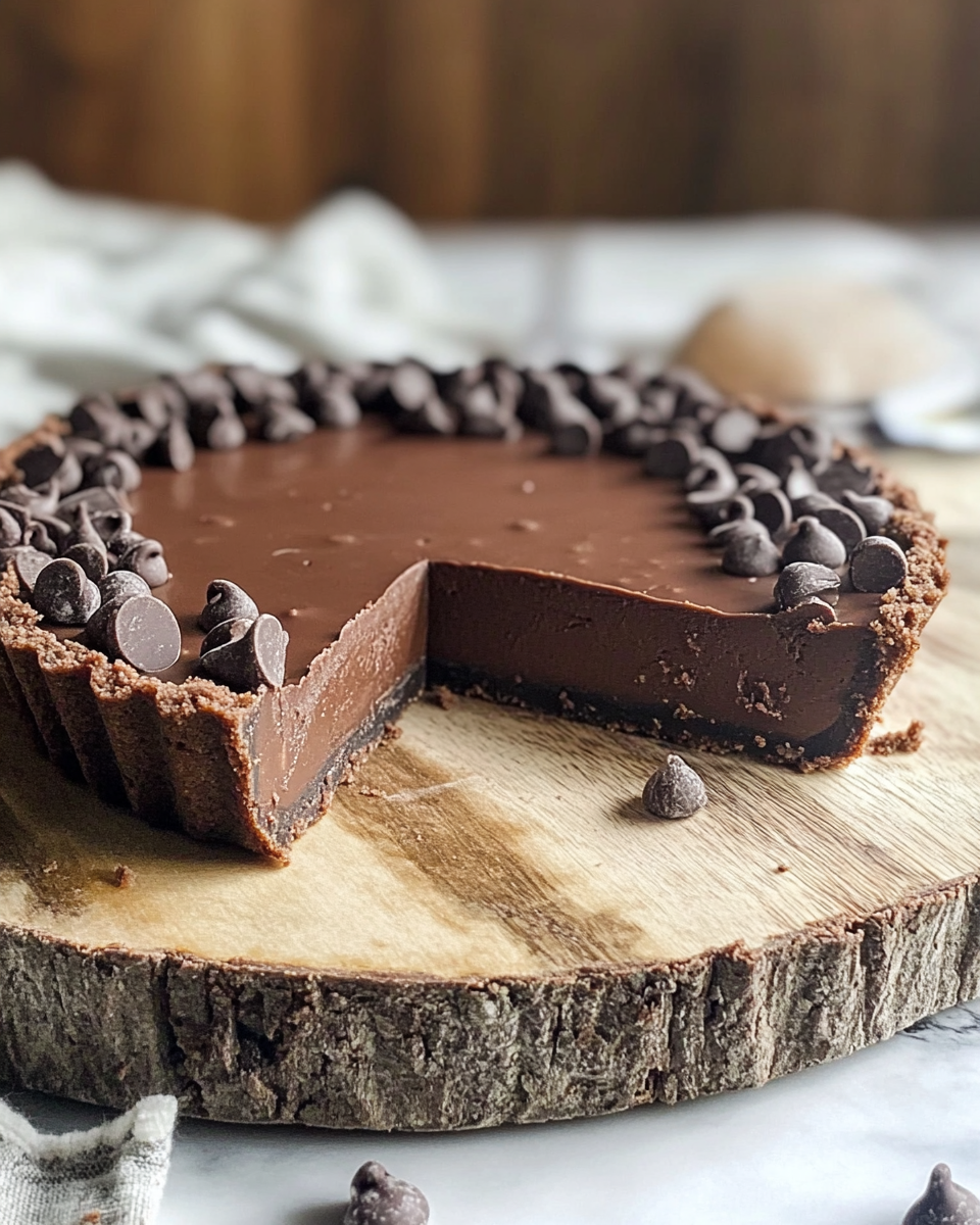 Chocolate filling being poured over chilled crust