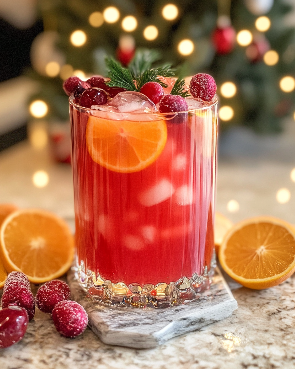 Glass of Christmas punch with ice and rosemary garnish