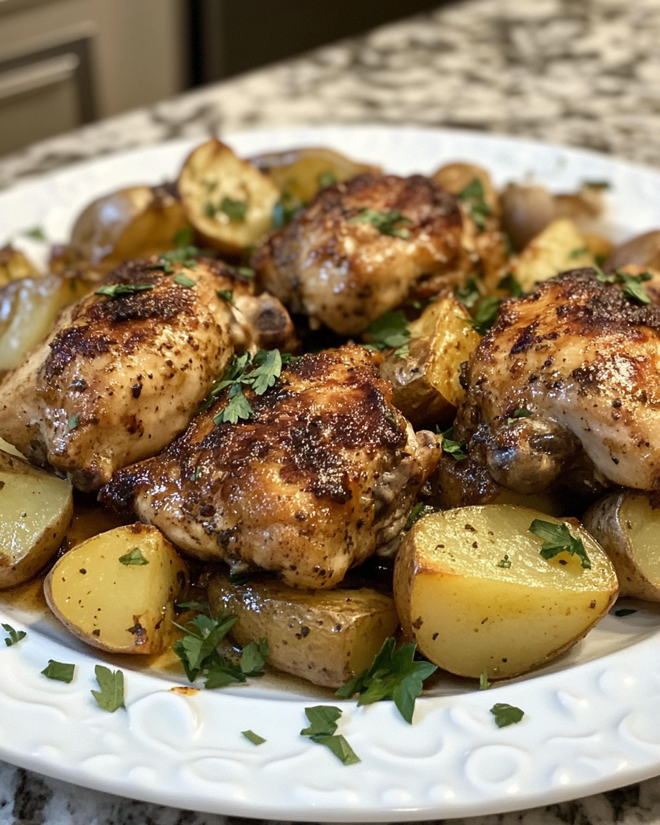 Chicken and potatoes cooking in a one-pan setup