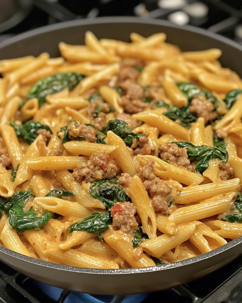 Freshly cooked creamy penne with spinach and Italian sausage