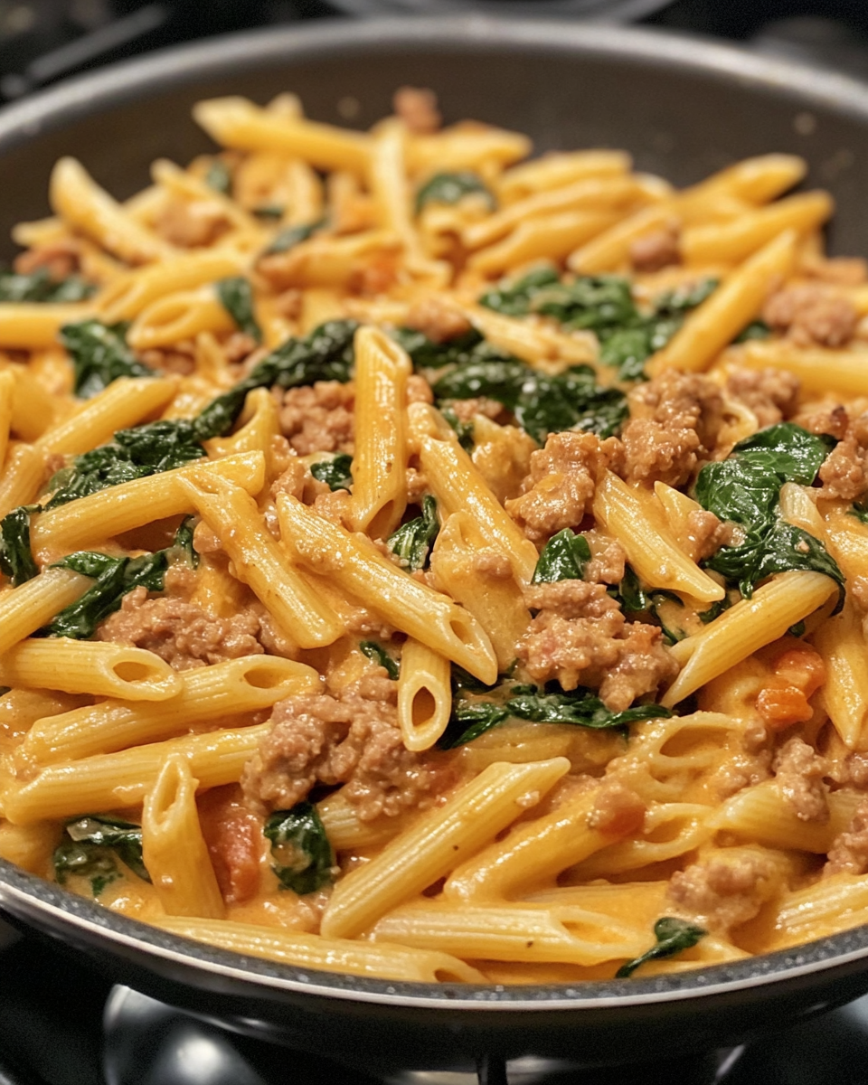 Creamy penne with spinach and Italian sausage