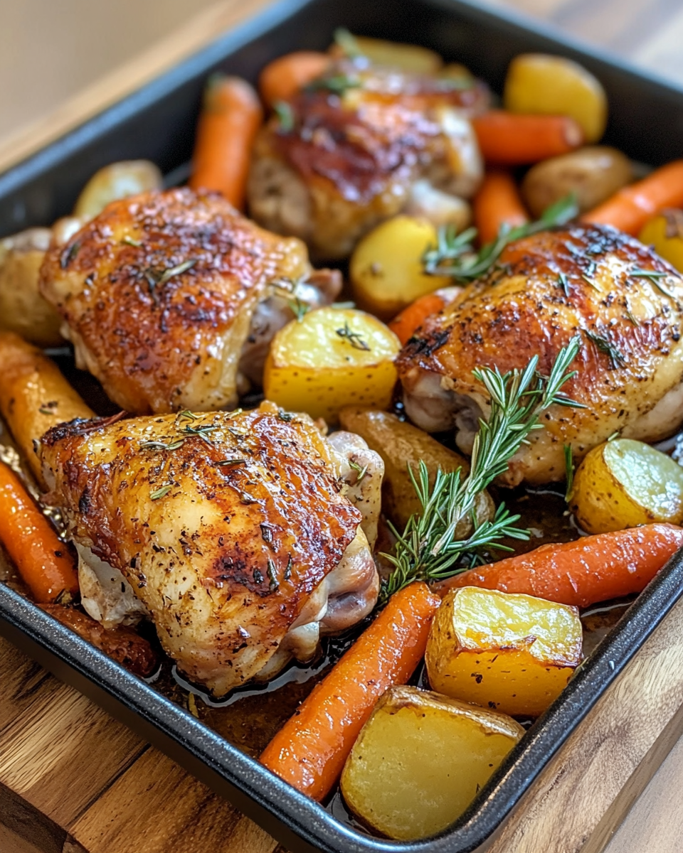 Roasted chicken and vegetables on a baking sheet