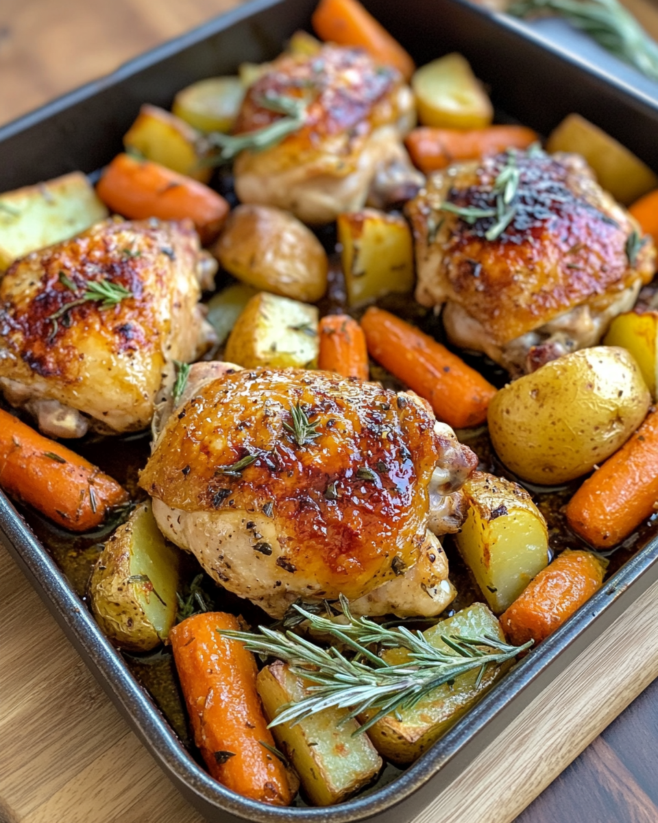 Close-up of crispy chicken thighs with roasted vegetables