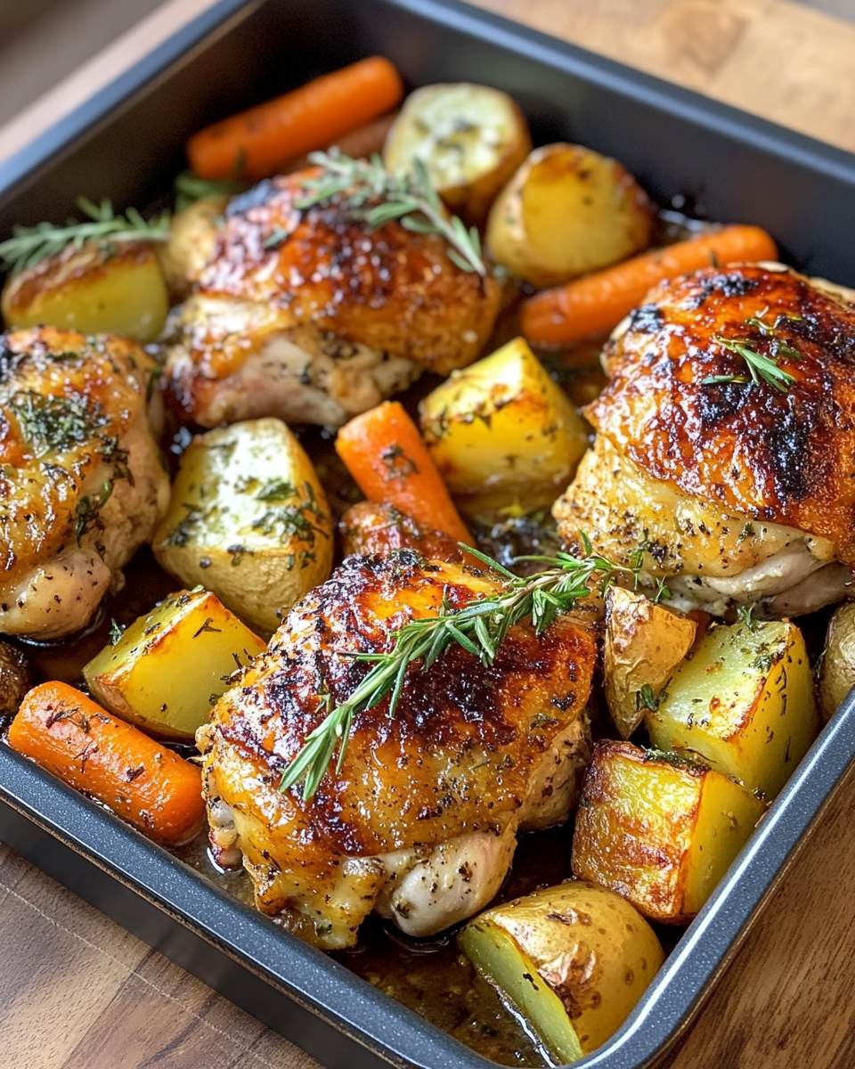 One pan roasted chicken thighs with carrots and potatoes