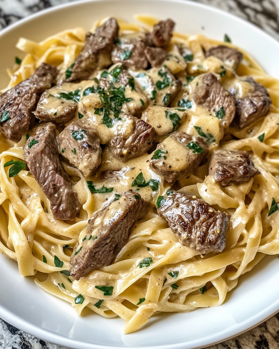 Creamy steak pasta being stirred in pot
