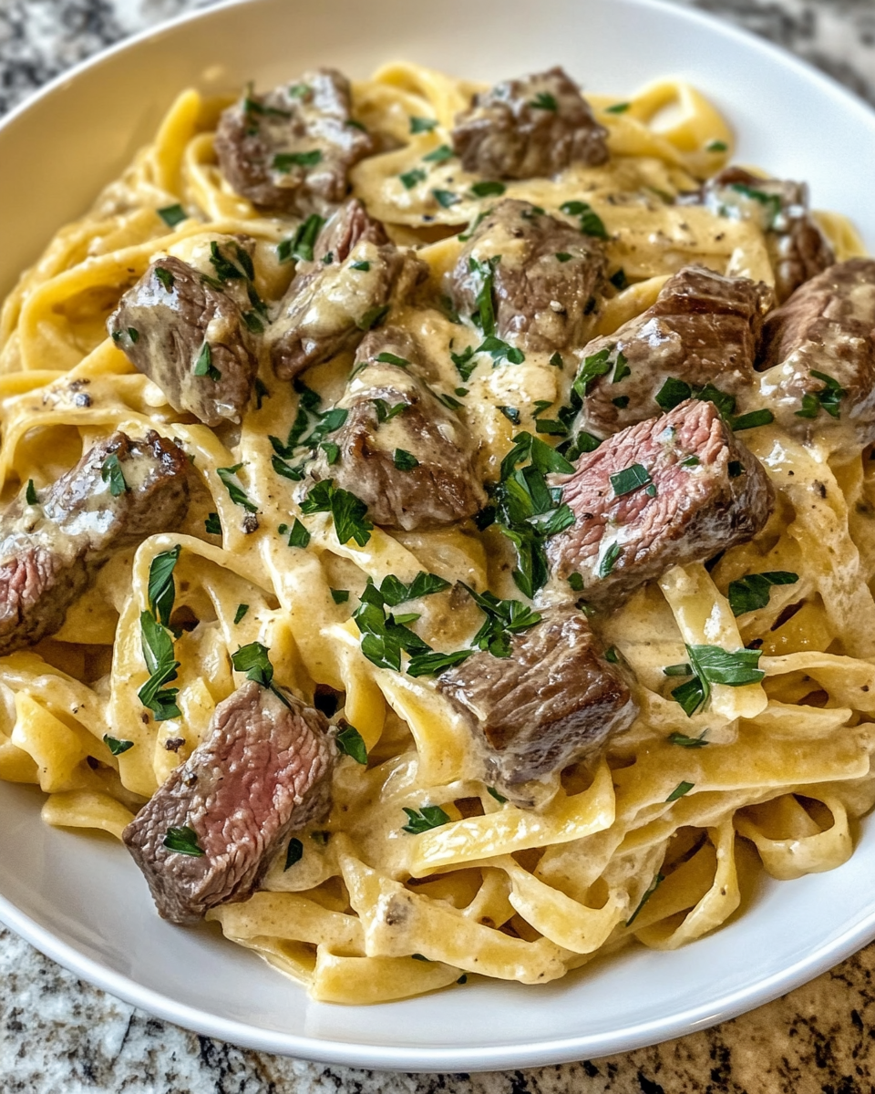 Close up of creamy garlic butter steak pasta with parsley