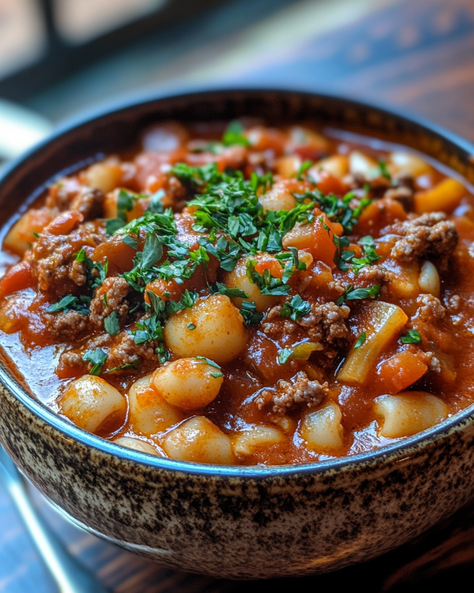 Served bowl of beef stew with herbs