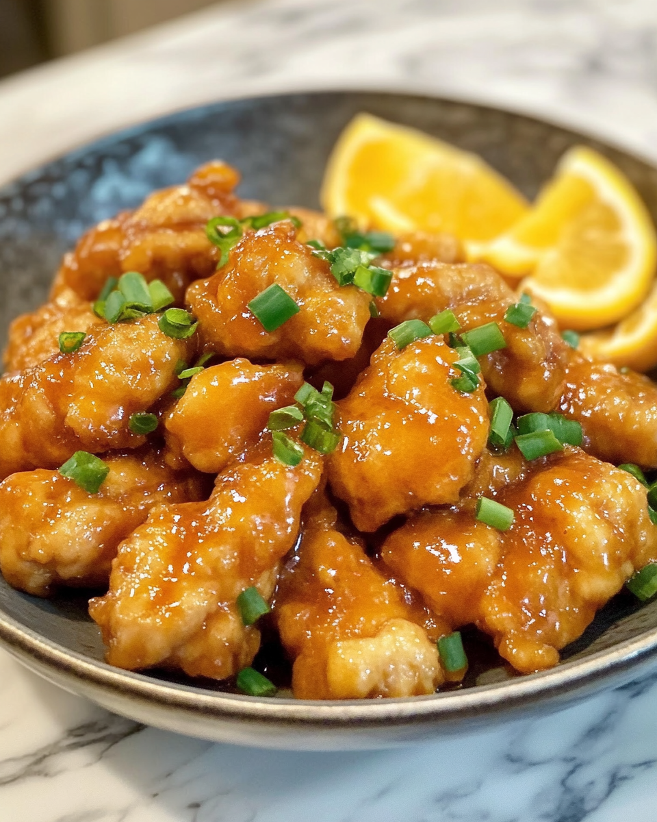 Steaming orange chicken being cooked