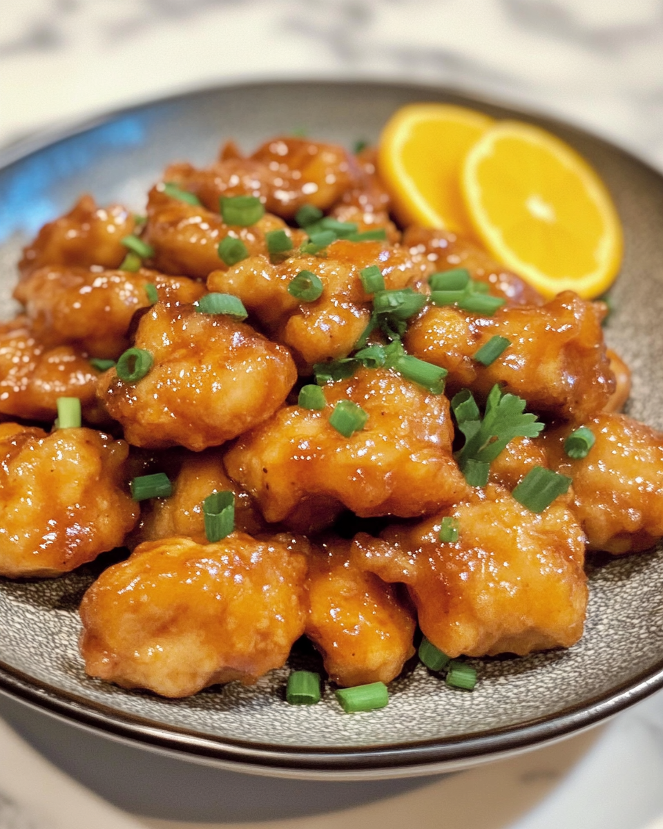 Finished orange chicken in a bowl with green onions