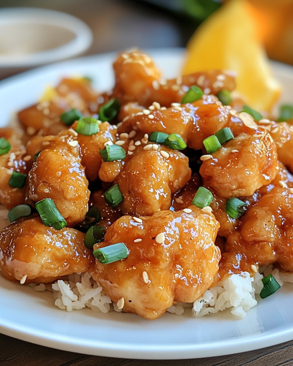 Orange chicken freshly cooked in a pressure cooker with bright tangy sauce