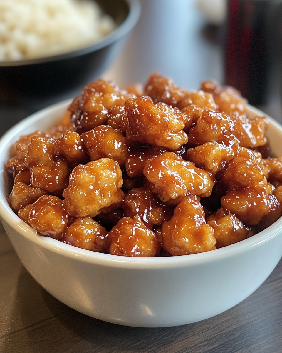 Plated orange chicken garnished with green onions and sesame seeds