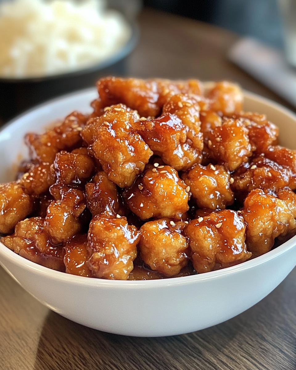 Orange chicken in a bowl with rice and chopsticks