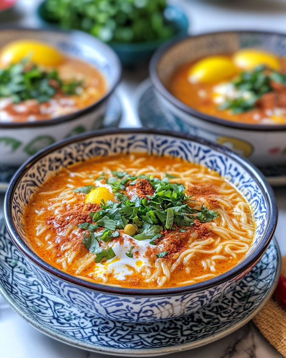 Finished Persian noodle soup served with garnishes