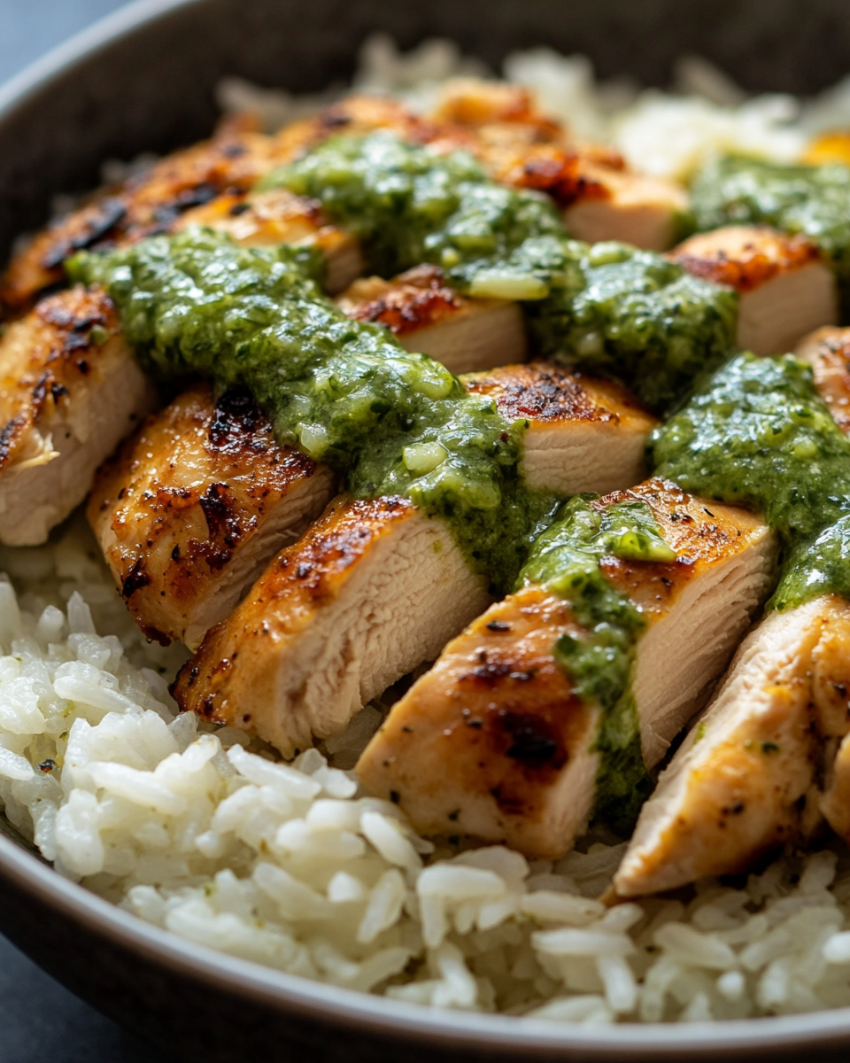 Peruvian chicken and rice with green sauce served
