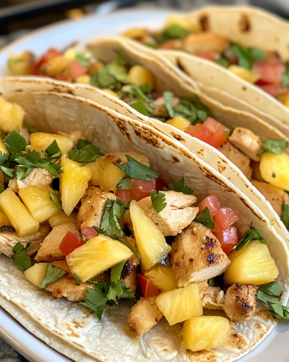 Pineapple chicken tacos in a bowl with fresh ingredients