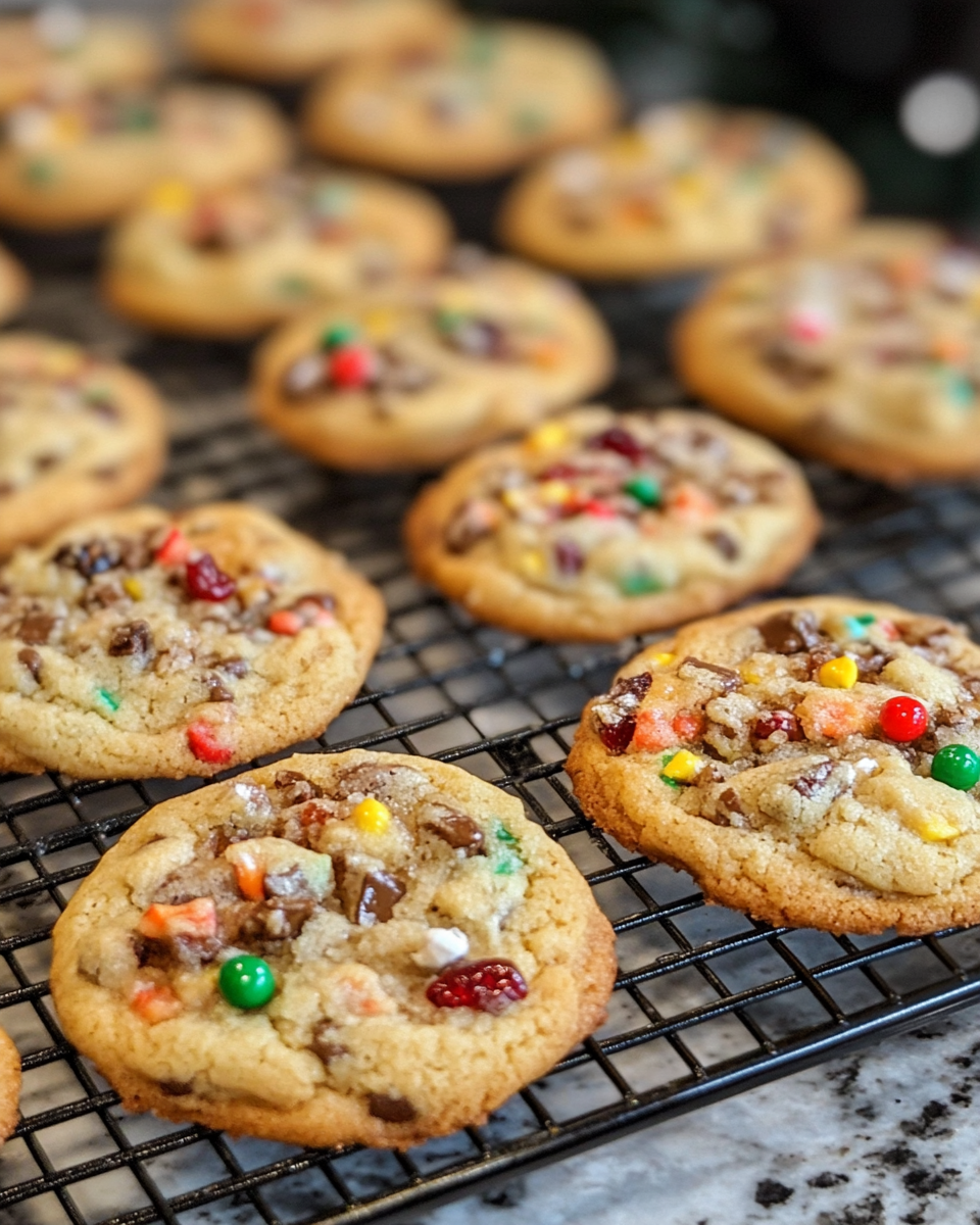 Finished fruitcake cookies on a rack
