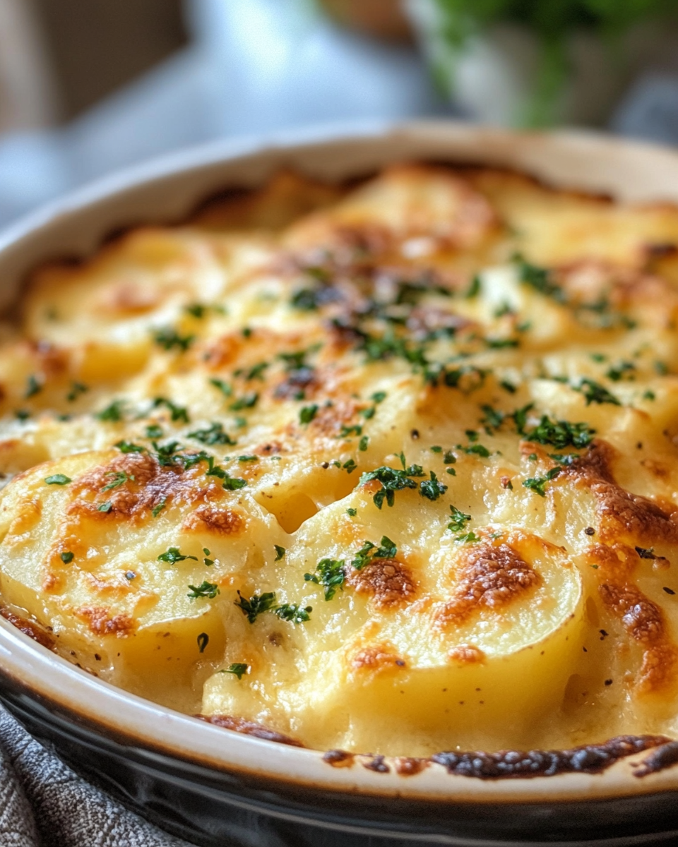 Layering potatoes au gratin in a dish