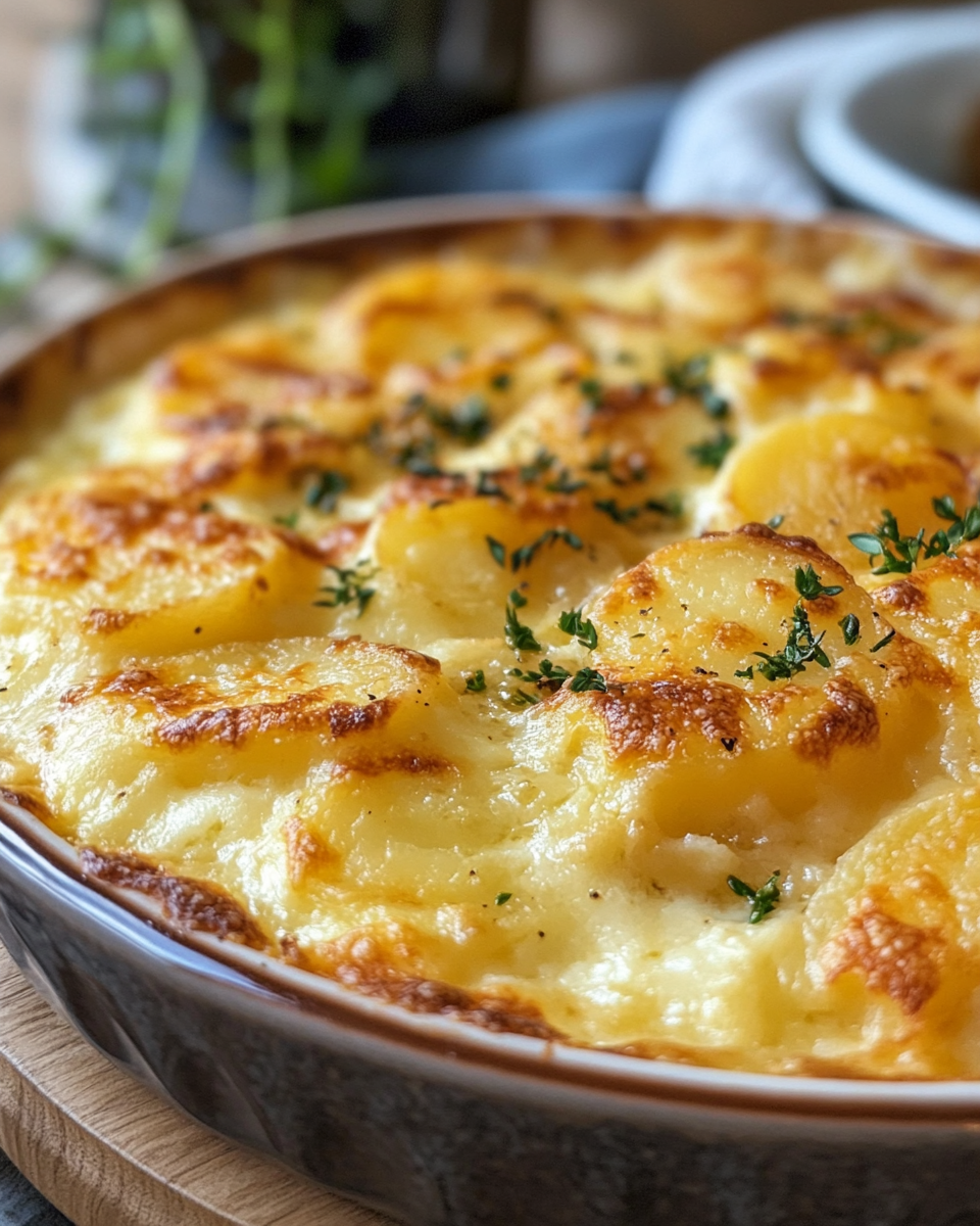 Close up of golden potatoes au gratin top crust