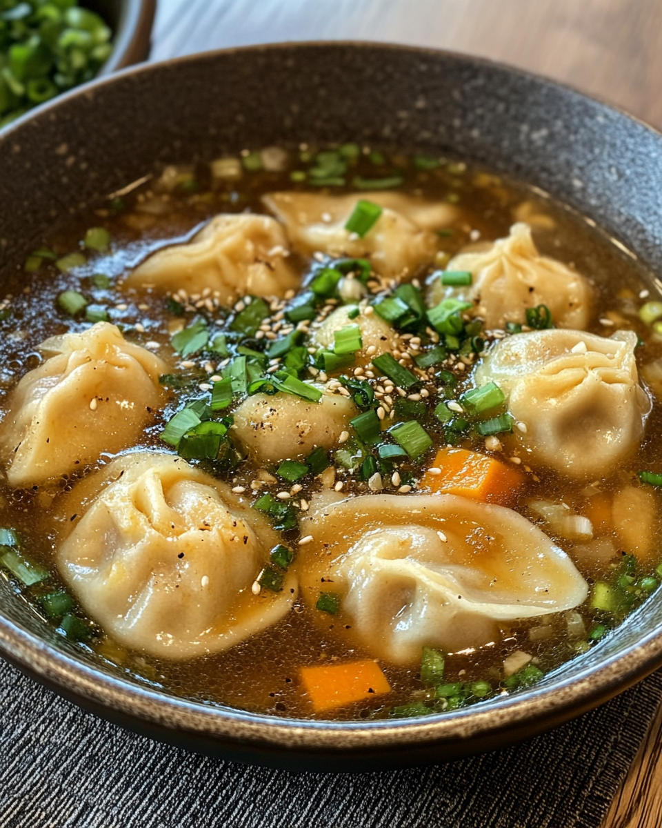 Finished bowl of potsticker soup with garnish and chili crisp