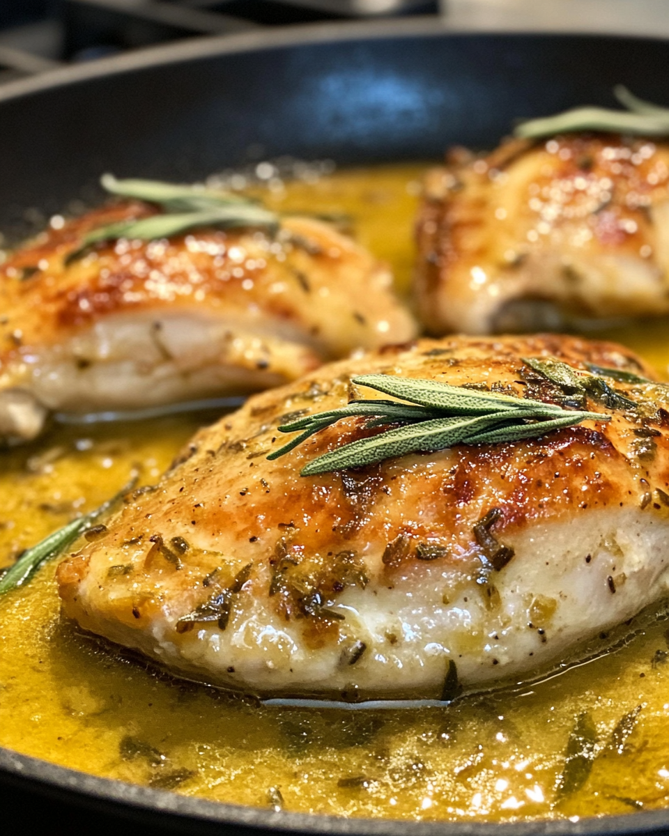 Prosciutto wrapped chicken with apples and sage cooking in skillet