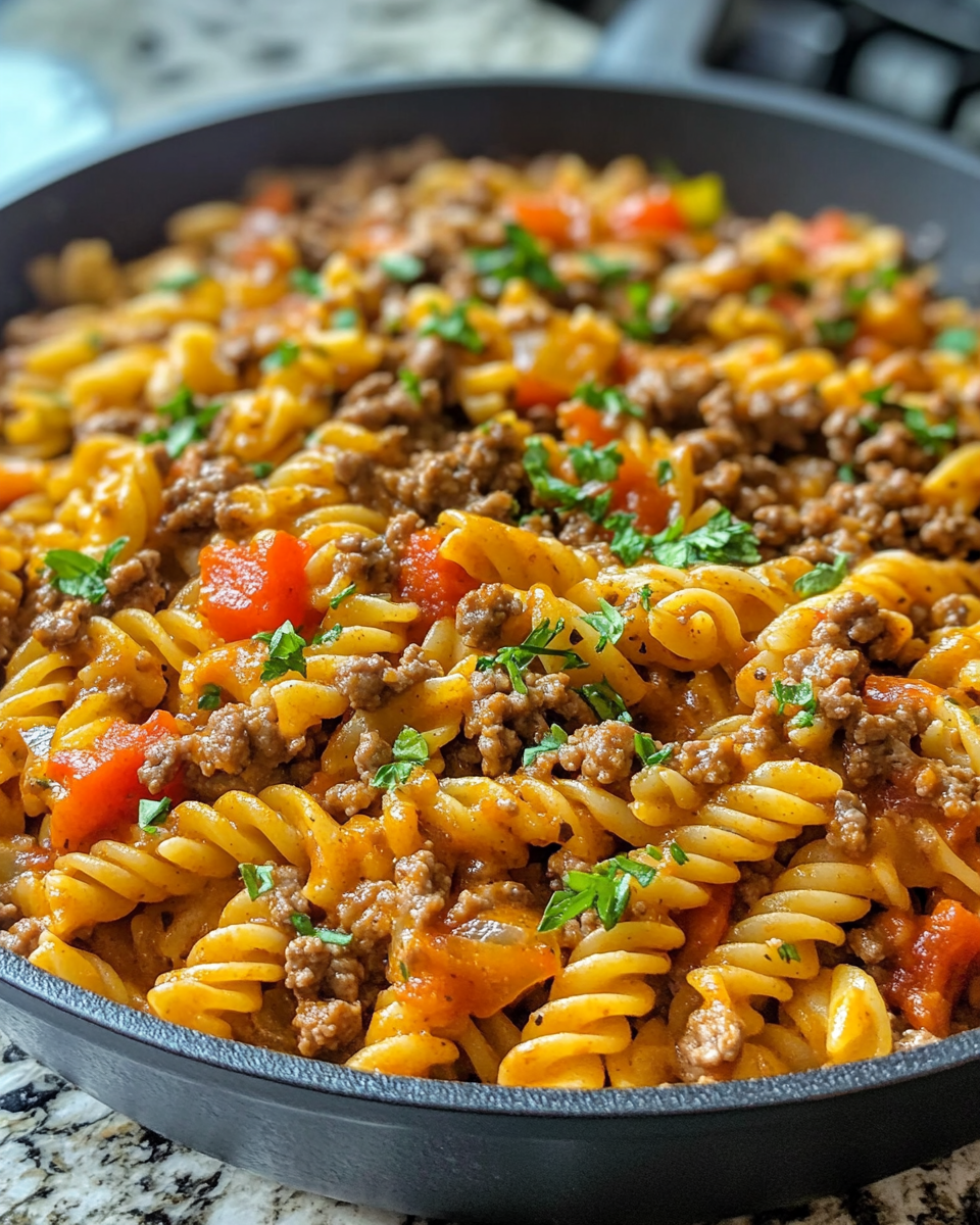 Plated creamy ground beef pasta garnished with parsley
