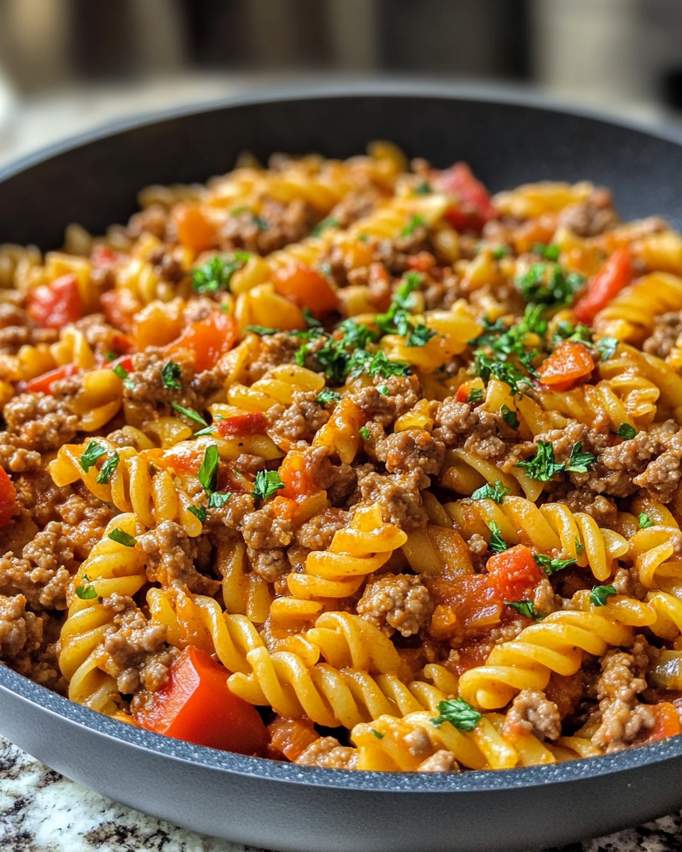Creamy ground beef pasta in pot