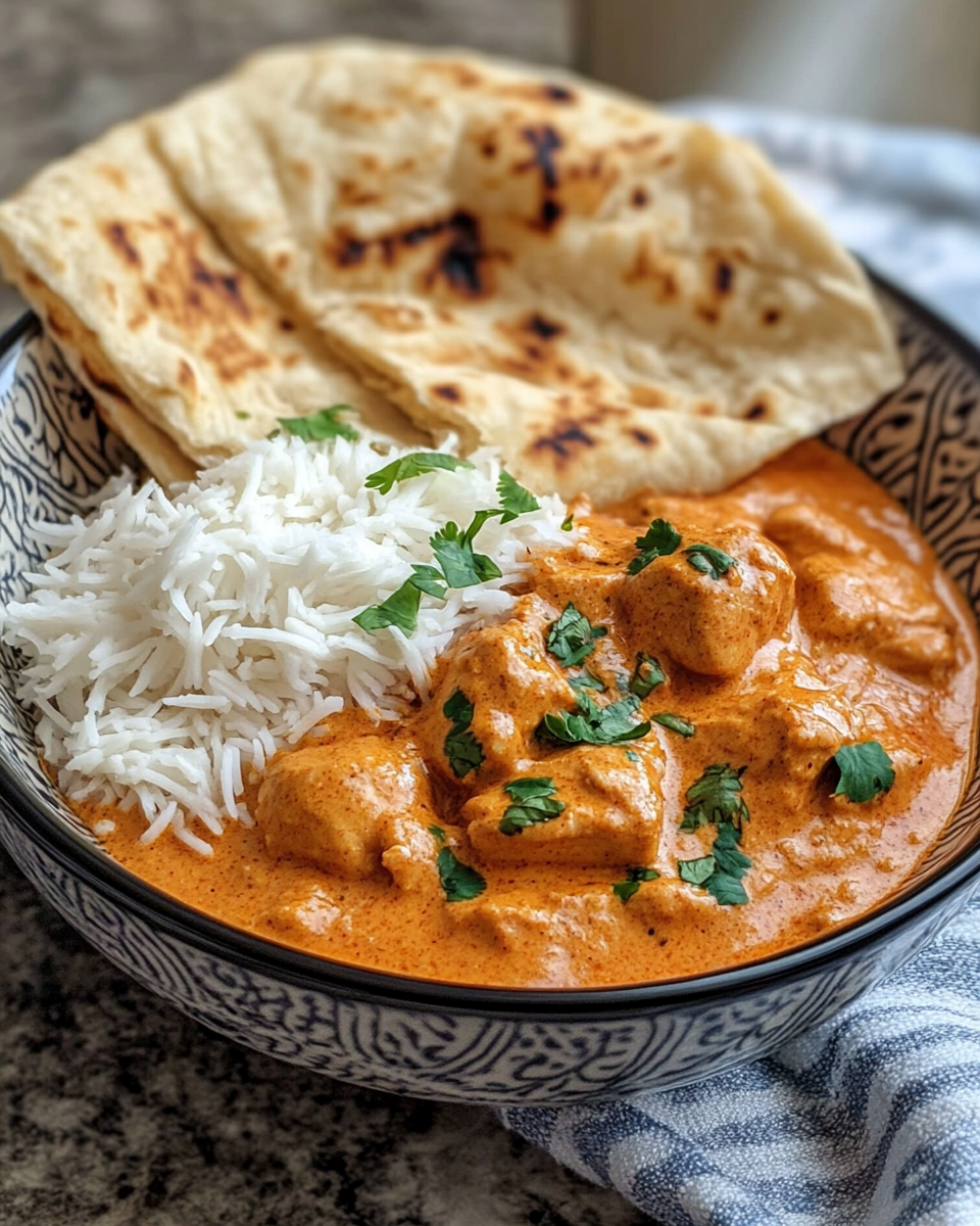 Finished butter chicken served with rice and coriander garnish