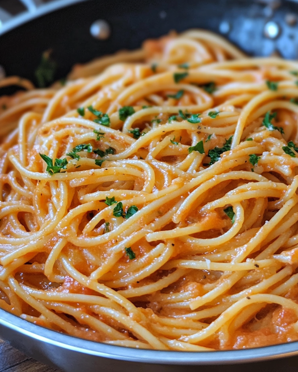 Finished creamy tomato garlic pasta dish with parmesan