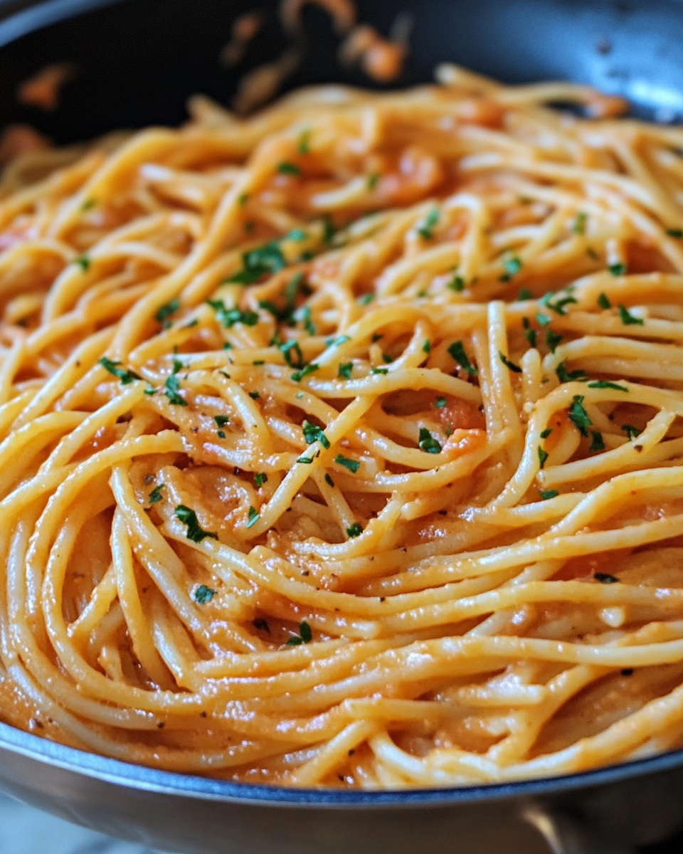Creamy tomato garlic pasta initial cooking phase