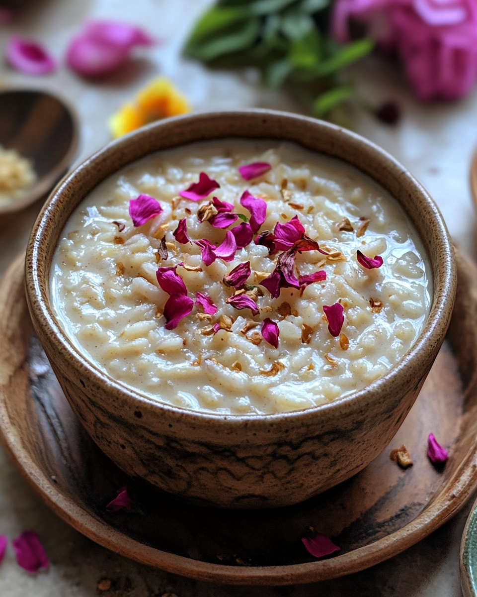 Creamy rice kheer served in a bowl with nuts