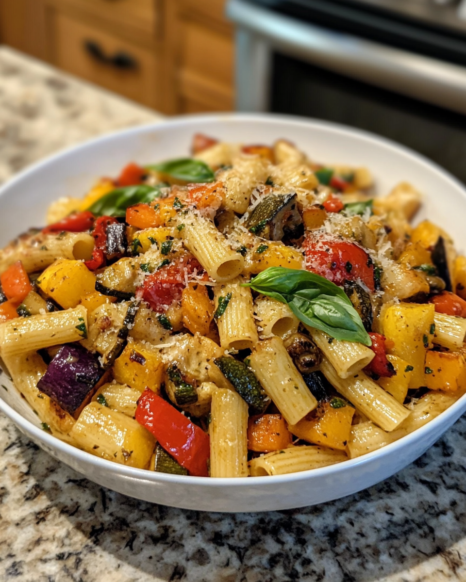 Finished roasted vegetable pasta served on a plate