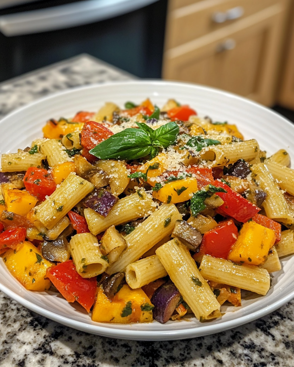 Roasted vegetable pasta in a bowl with colorful veggies